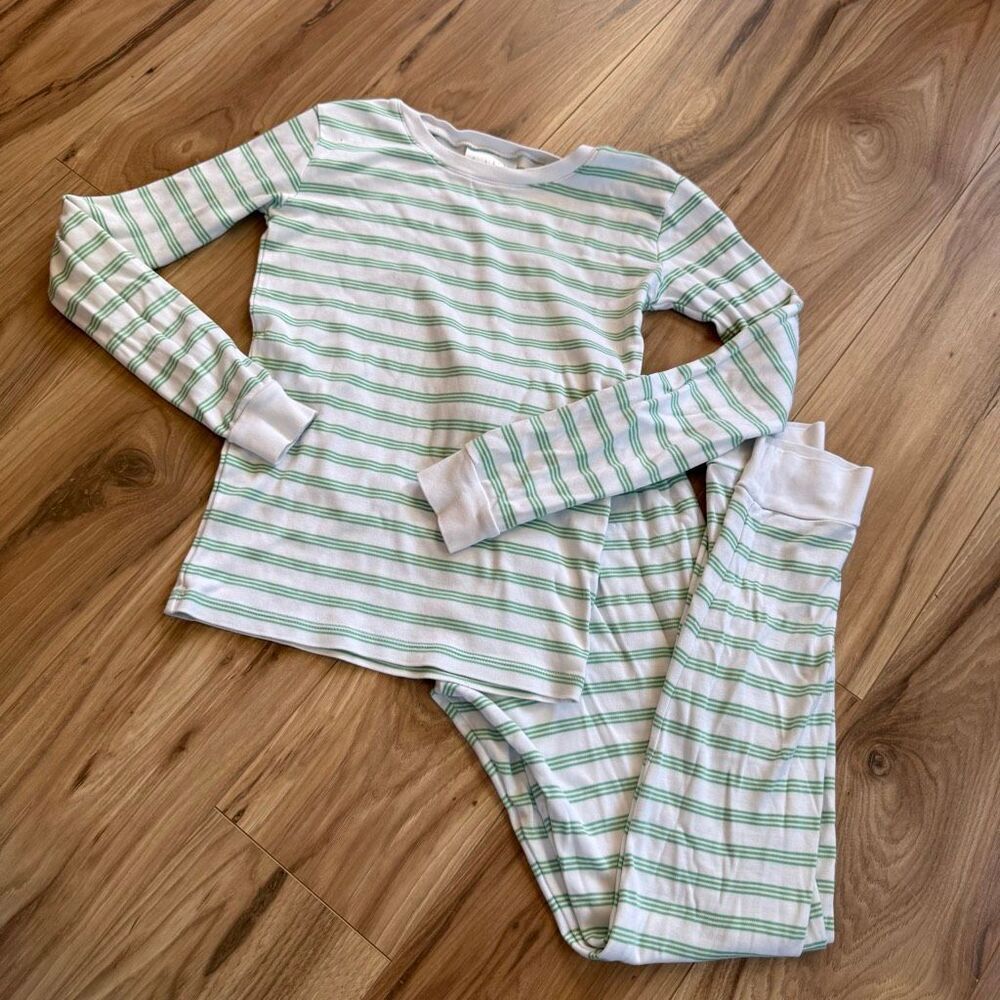Lake Kids Green White Striped Pima Long Sleeve Top and Pants Pajama Set Size 12